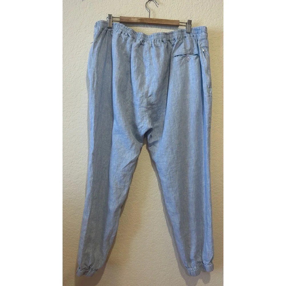 Mens Organic Linen Jogger Pants Size XL Light Blue Herringbone Drawstring Beach